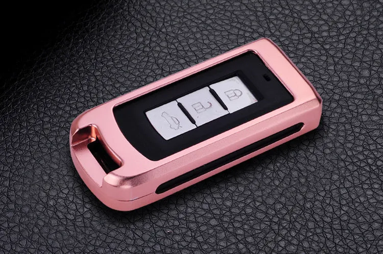 Aluminium alloy key shell sleeve buckle cover for car key protection in silver with cowhide leather accent