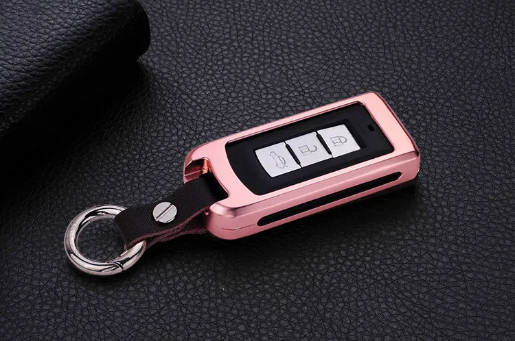 Aluminium alloy key shell sleeve buckle cover for car key protection in silver with cowhide leather accent