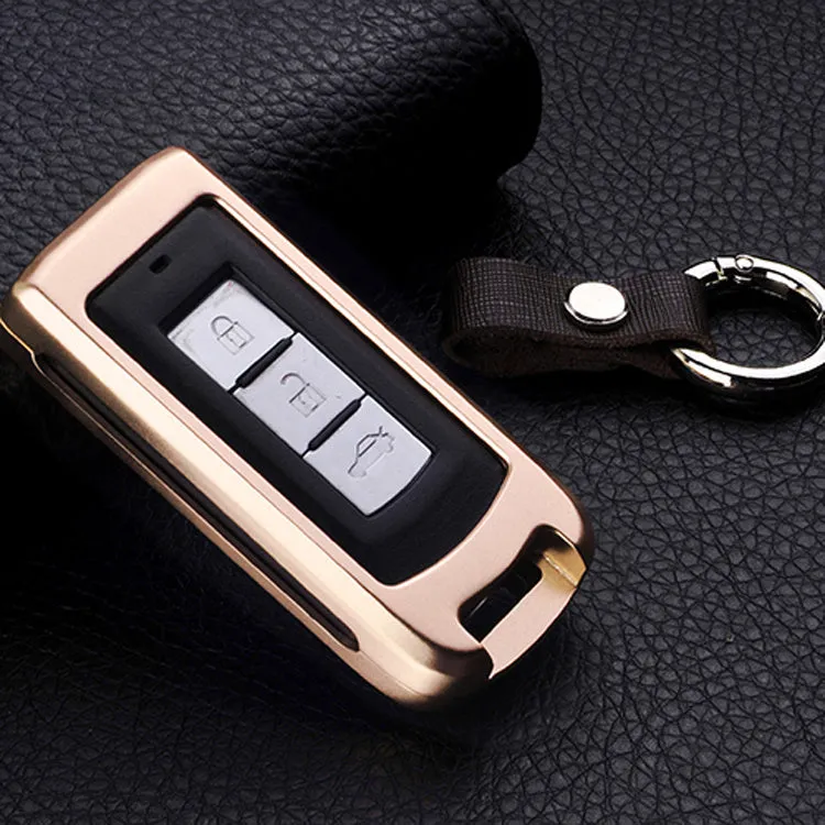 Aluminium alloy key shell sleeve buckle cover for car key protection in silver with cowhide leather accent