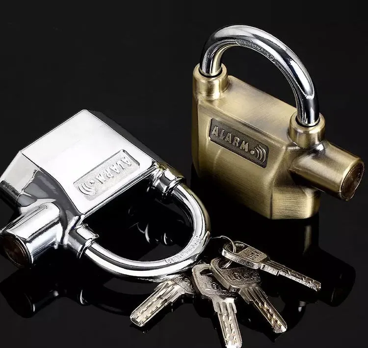 Waterproof siren alarm padlock 175x10x135mm in silver and bronze colours with shackle rotated for mode selection