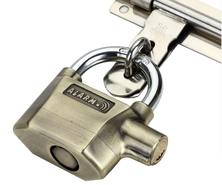 Waterproof siren alarm padlock 175x10x135mm in silver and bronze colours with shackle rotated for mode selection