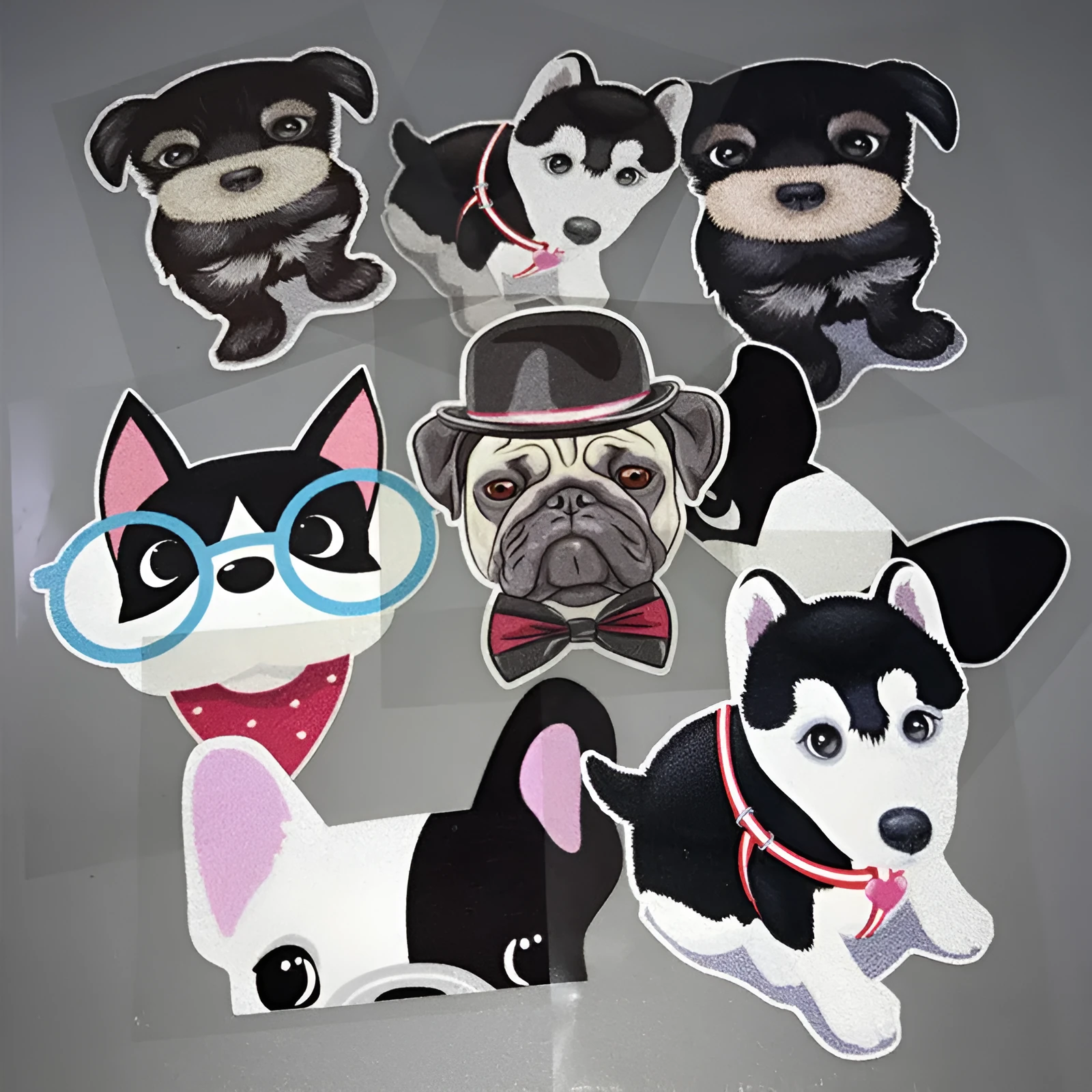 Pack of 10 reflective bulldog stickers 11cm x 7cm in three colour options, strong adhesive for car bumper or pet collar