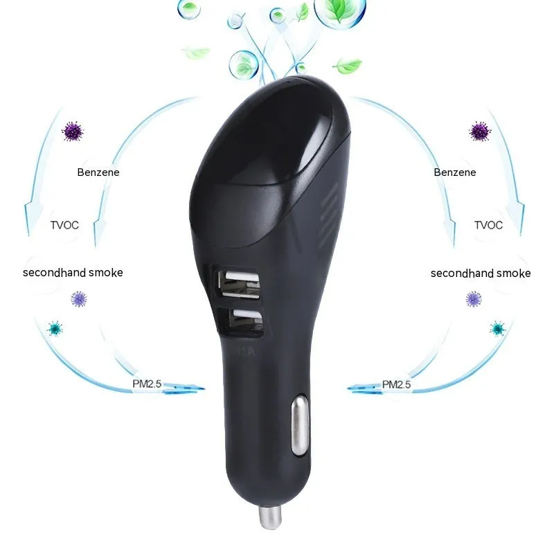 White car USB charger with negative ion purifier showing compact dimensions