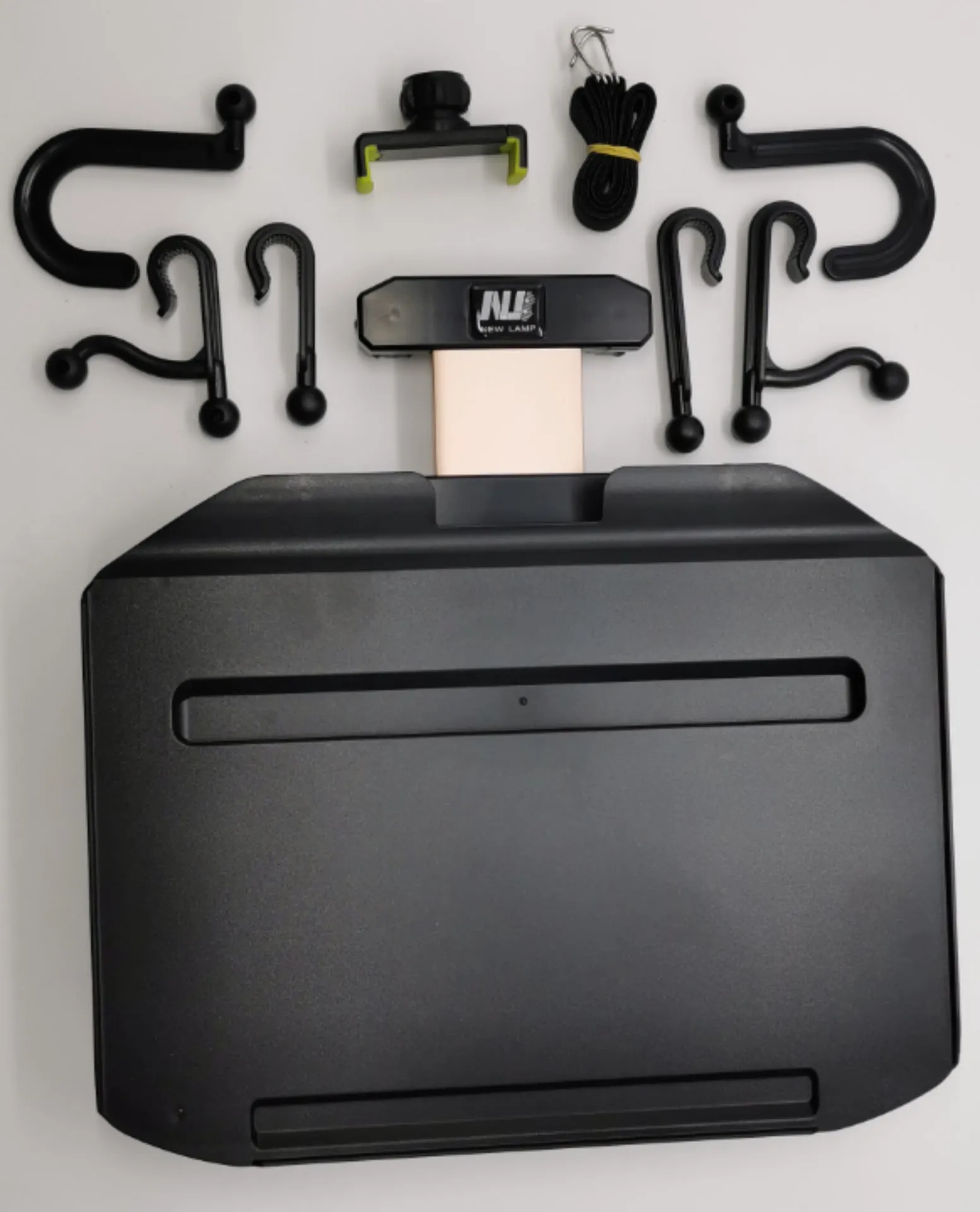 Child car study desk in ABS plastic with laptop holder, two removable trays, and phone holder, black colour