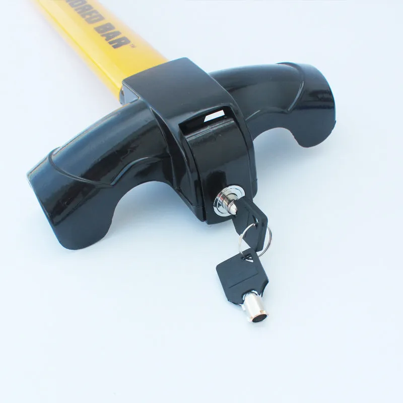 T-shaped car steering wheel lock in yellow, 38cm length, with fork and rim hook for anti-theft security