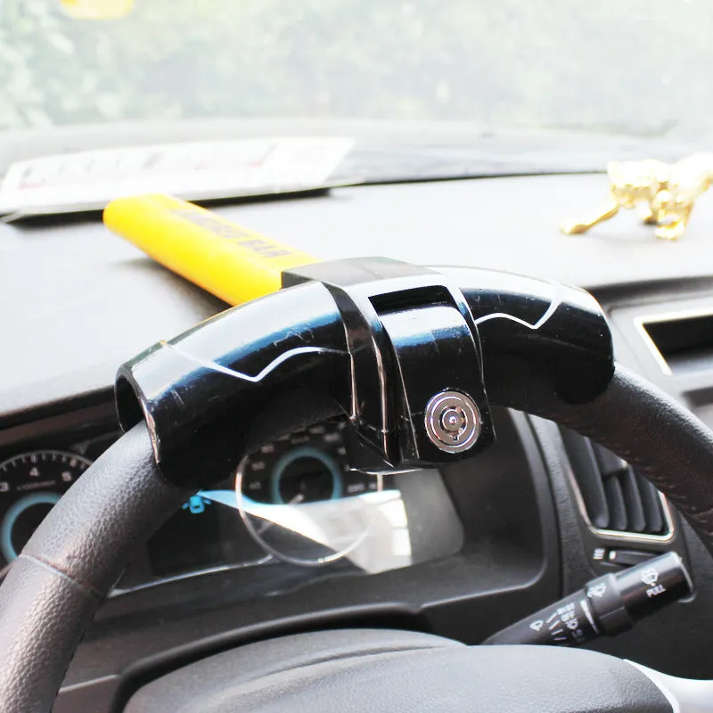 T-shaped car steering wheel lock in yellow, 38cm length, with fork and rim hook for anti-theft security