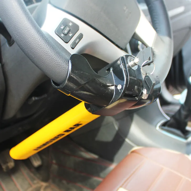 T-shaped car steering wheel lock in yellow, 38cm length, with fork and rim hook for anti-theft security