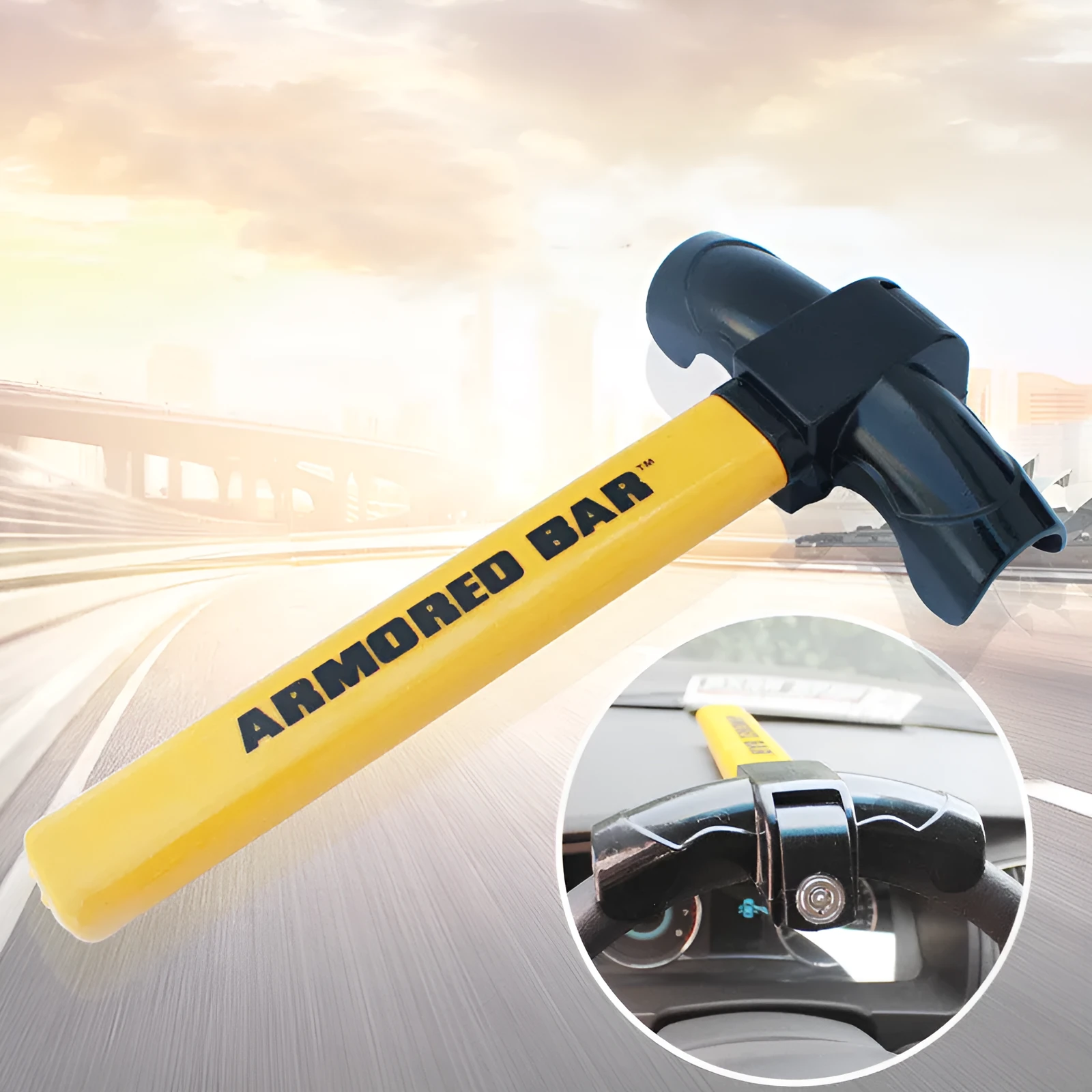 T-shaped car steering wheel lock in yellow, 38cm length, with fork and rim hook for anti-theft security