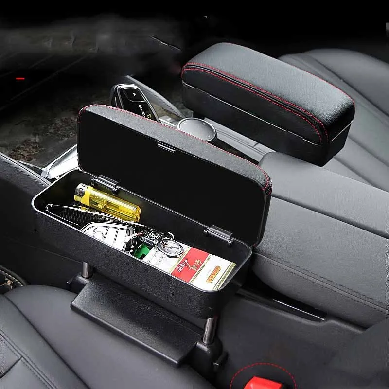 Universal central lifting seat clamping storage box in beige leather for vehicle middle seat, 28.5 x 23.5 x 20.5 cm