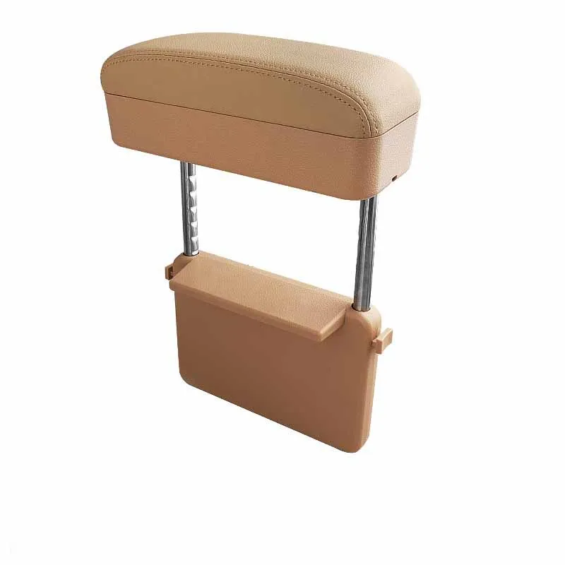Universal central lifting seat clamping storage box in beige leather for vehicle middle seat, 28.5 x 23.5 x 20.5 cm