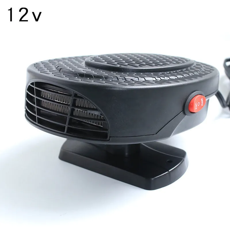 Black 12V car heating fan 7x16cm 150W with cigarette lighter plug on dashboard