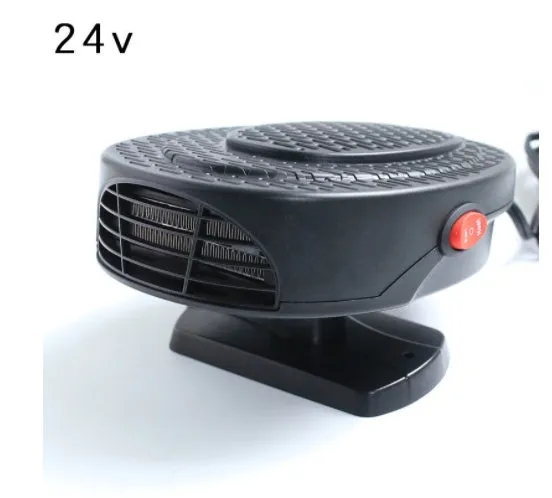 Black 12V car heating fan 7x16cm 150W with cigarette lighter plug on dashboard