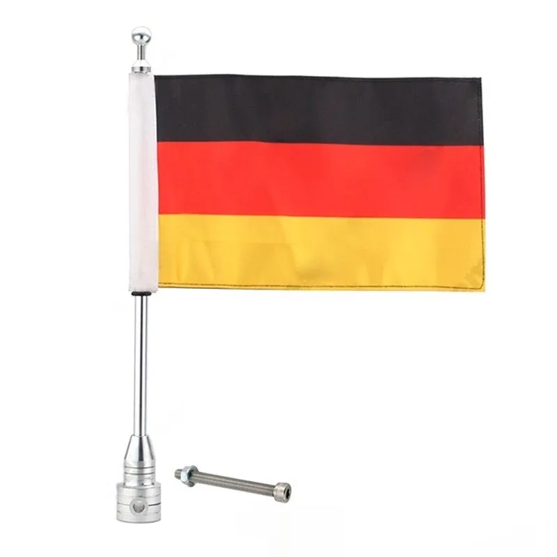 Black and silver chrome vehicle tail box flagpole for mounting on bumpers or luggage racks.