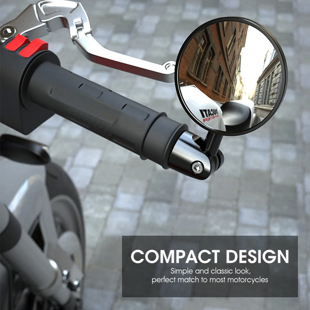 Pair of round motorcycle handle mirrors, 113x89mm, black convex and flat versions shown