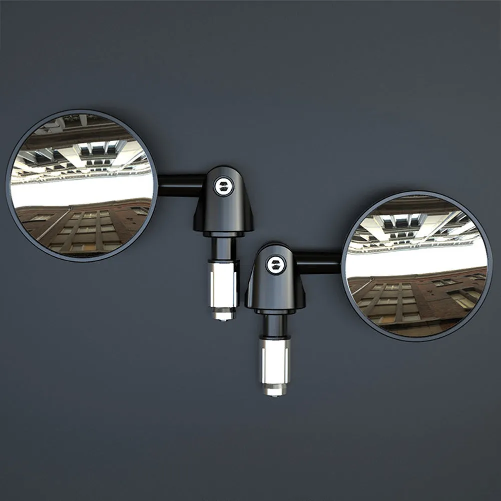 Pair of round motorcycle handle mirrors, 113x89mm, black convex and flat versions shown