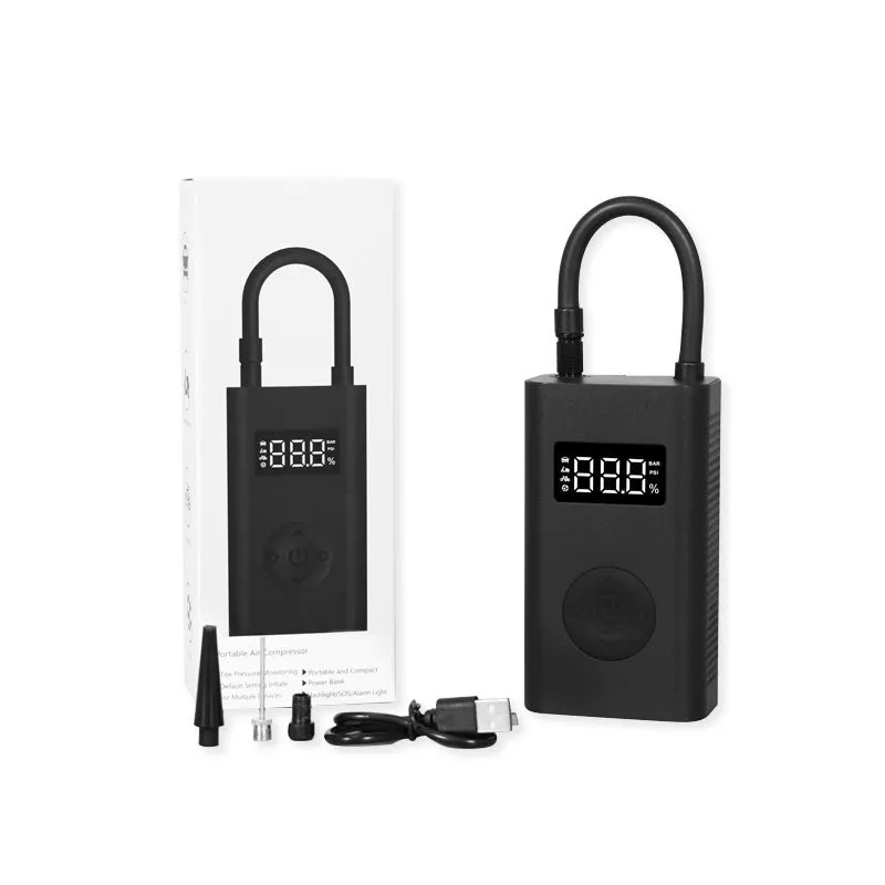 Black wireless cordless car air pump with USB charging, 150psi, 25L/min, 2000mAh, and LED light