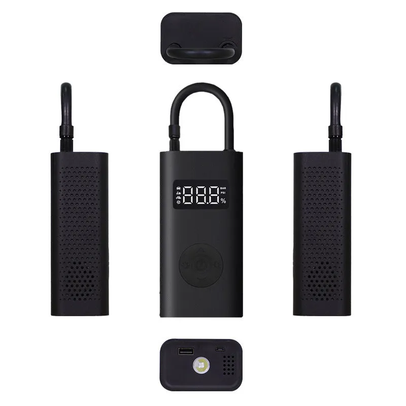 Black wireless cordless car air pump with USB charging, 150psi, 25L/min, 2000mAh, and LED light