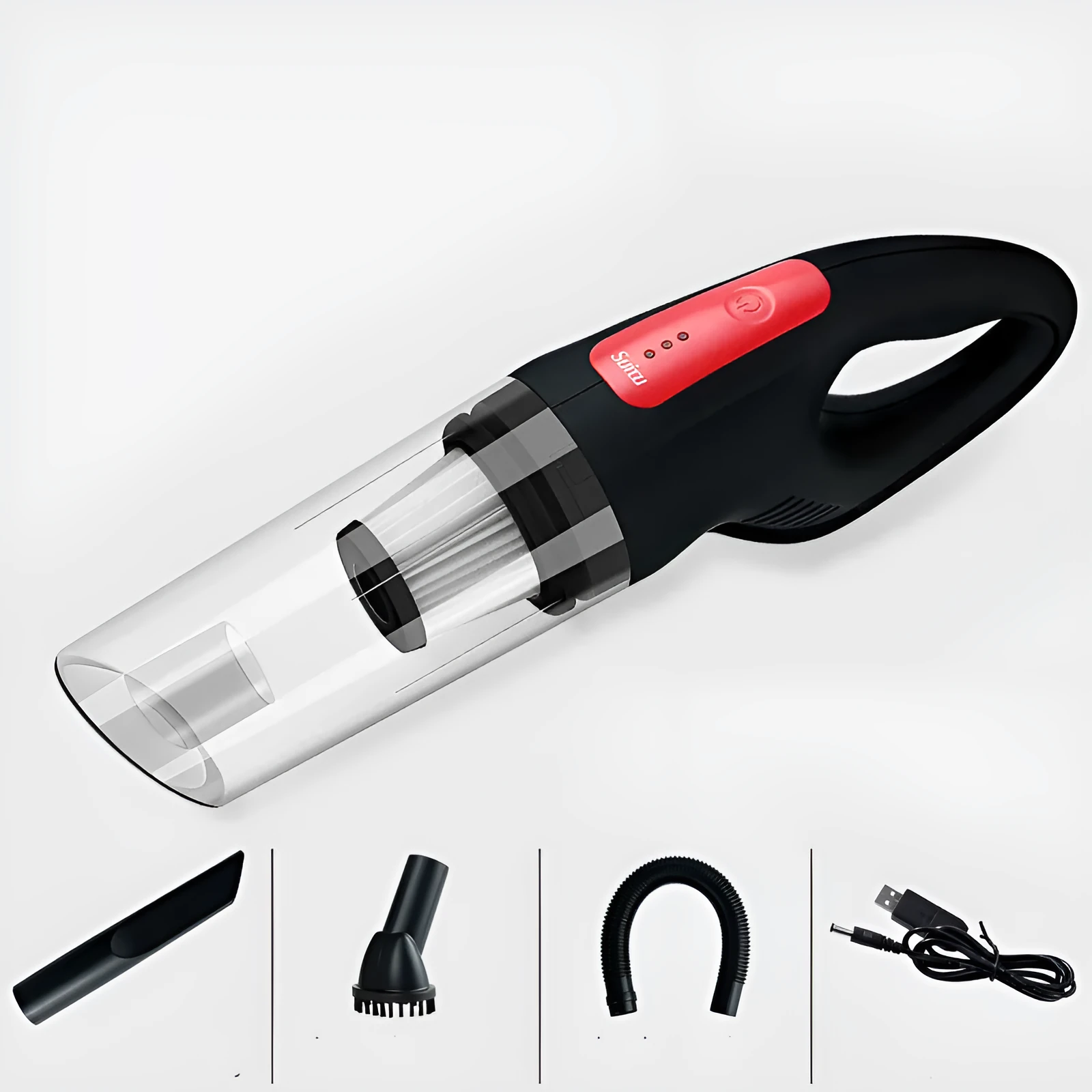 Handheld wireless car vacuum cleaner with black body, compact size 364x77x115mm, 6000Pa suction