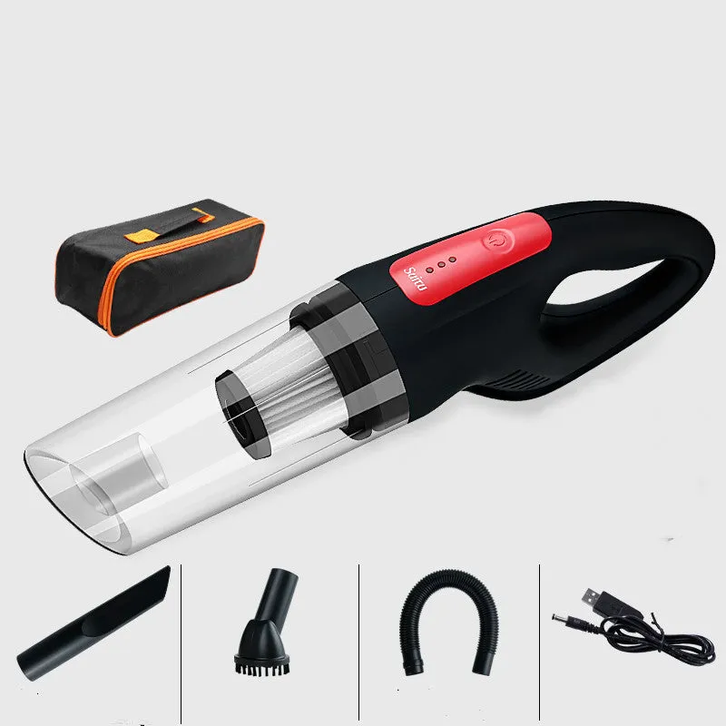 Handheld wireless car vacuum cleaner with black body, compact size 364x77x115mm, 6000Pa suction