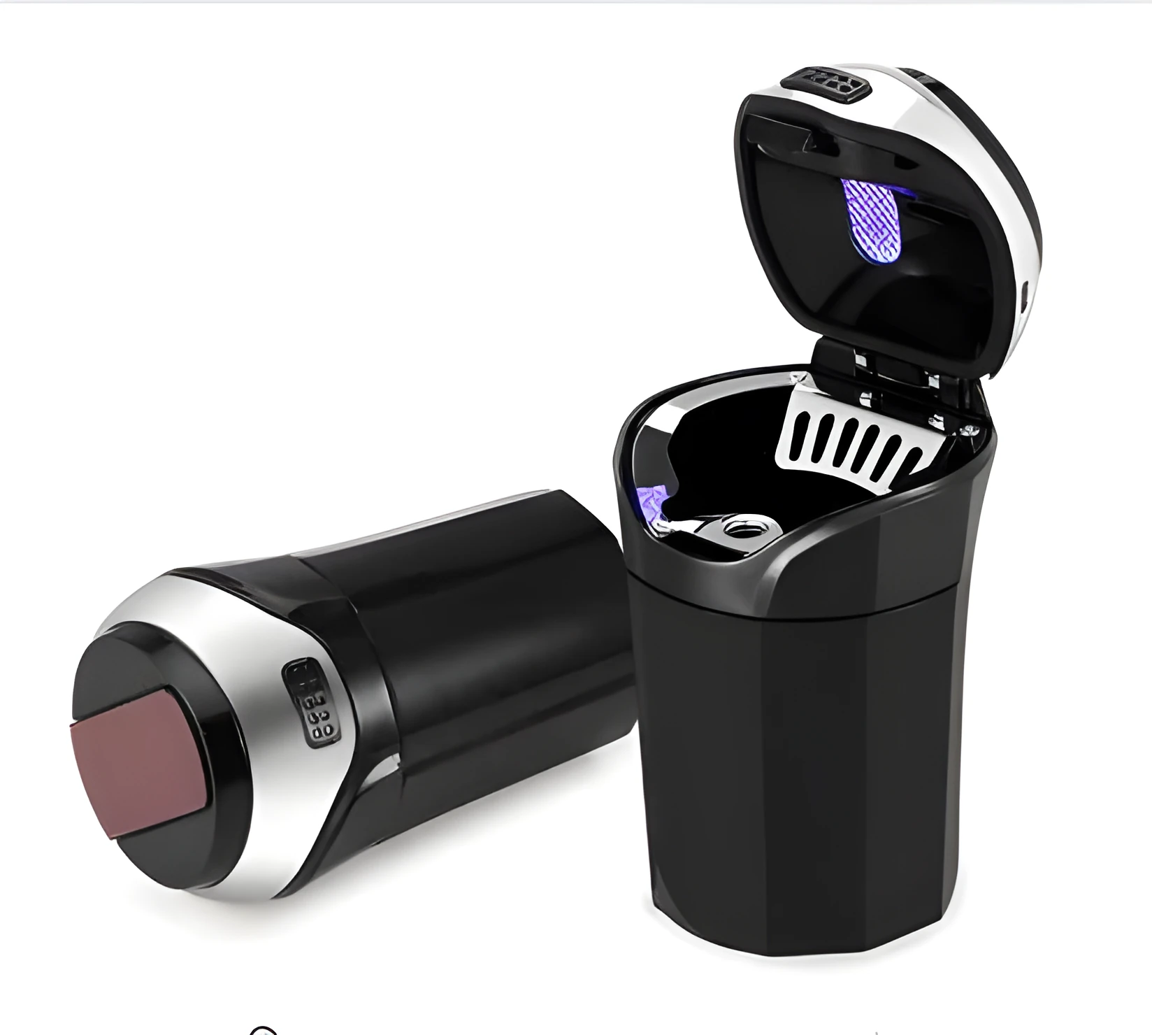 Car ashtray with blue LED light, ABS plastic body, stainless steel liner, and rechargeable cigarette lighter