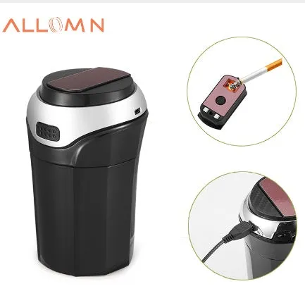 Car ashtray with blue LED light, ABS plastic body, stainless steel liner, and rechargeable cigarette lighter