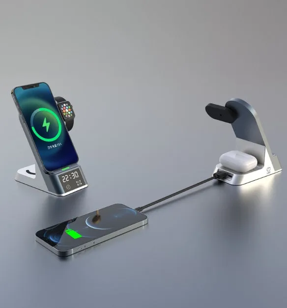 Black multifunctional alarm clock with wireless charging pad, Apple Watch dock, USB port, and LED display.