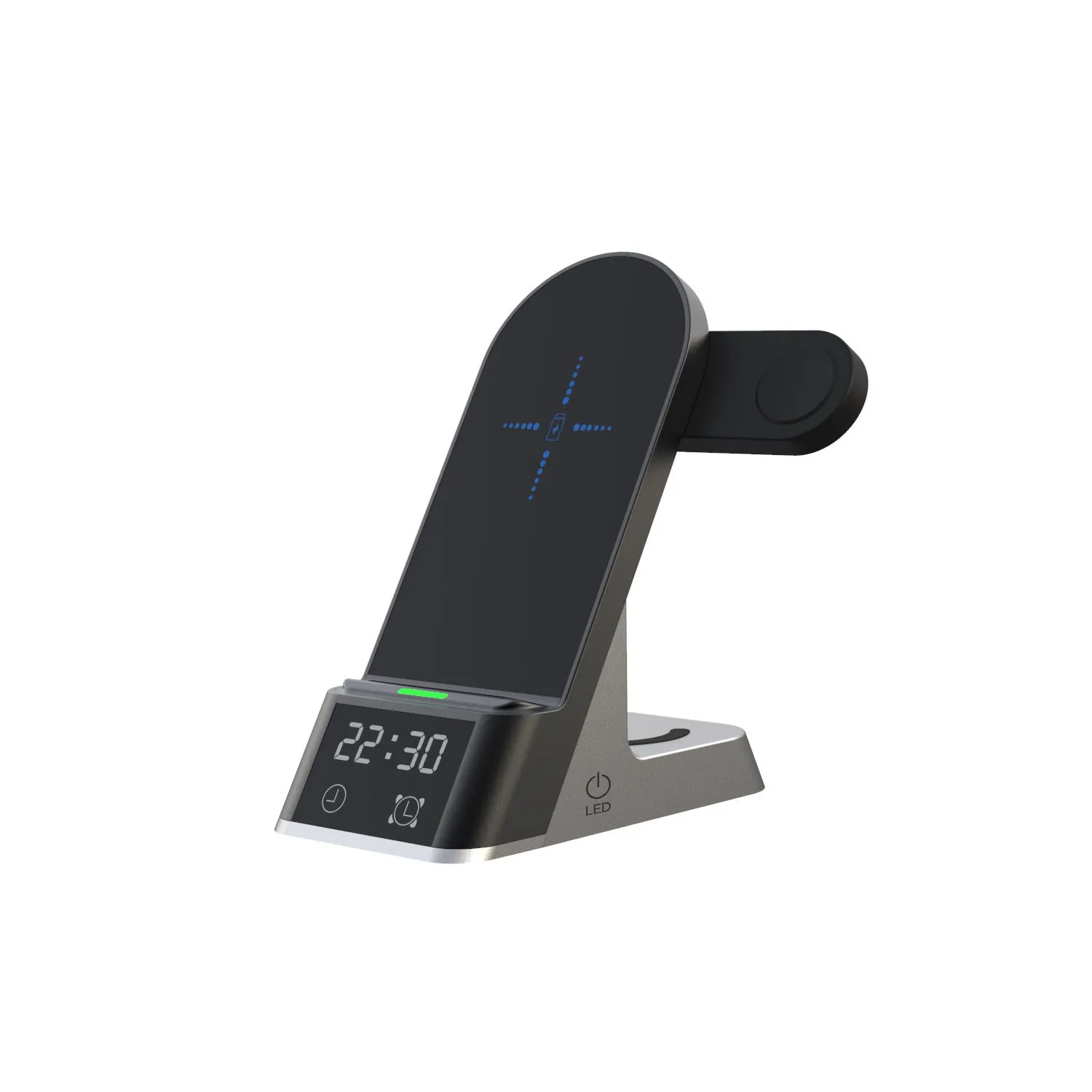 Black multifunctional alarm clock with wireless charging pad, Apple Watch dock, USB port, and LED display.
