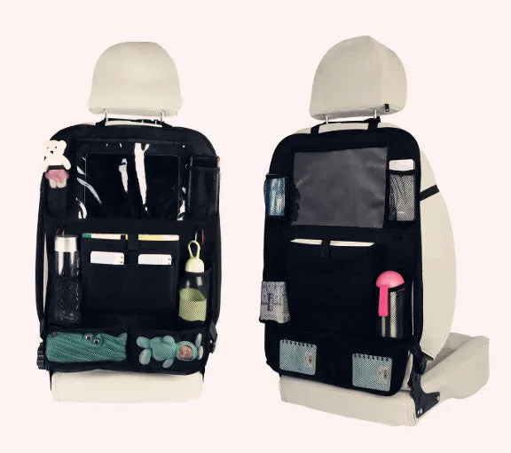 Two-pack car seat back hanging storage bags made from 600D Oxford cloth and mesh, 65 by 45 centimetres, with adjustable buckle fixing and matte leather zipper bags.