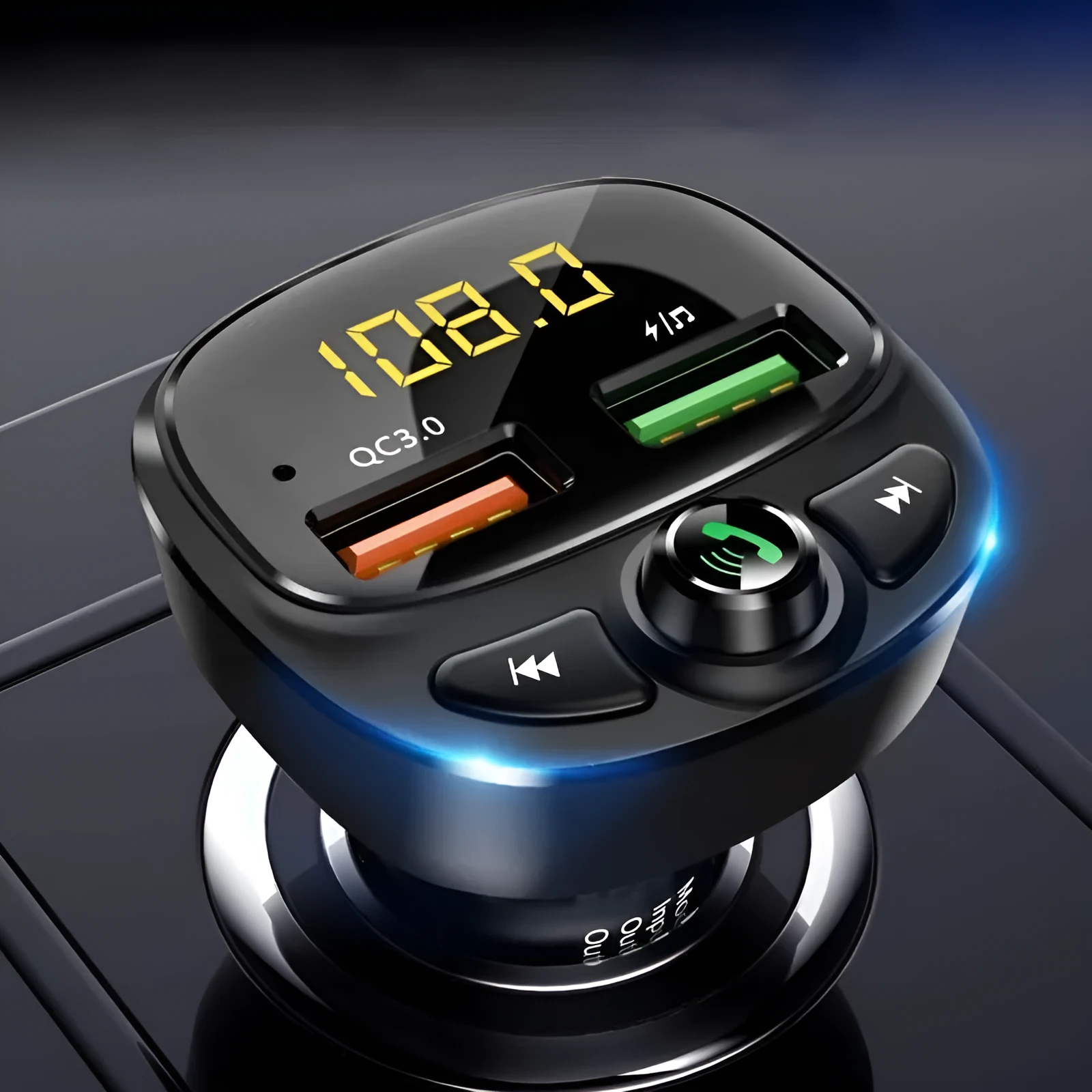 Compact car MP3 player with Bluetooth FM transmitter and Quick Charge 3.0 USB port for hands-free calling and music streaming