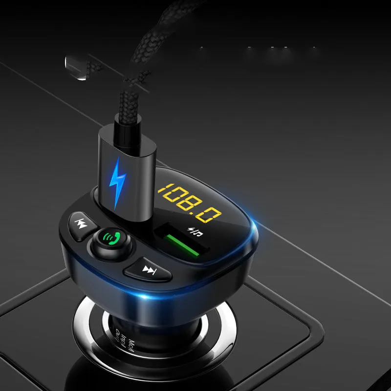 Compact car MP3 player with Bluetooth FM transmitter and Quick Charge 3.0 USB port for hands-free calling and music streaming