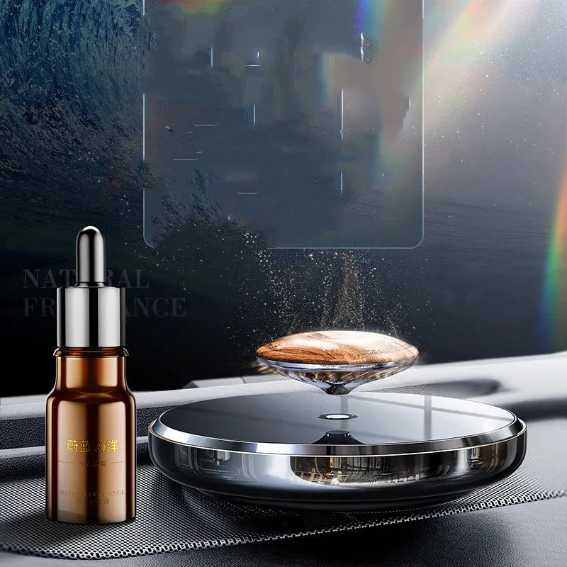 Maglev solar car aromatherapy holder on dashboard with beech wood platform and fragrance oil options