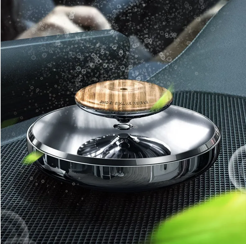 Maglev solar car aromatherapy holder on dashboard with beech wood platform and fragrance oil options