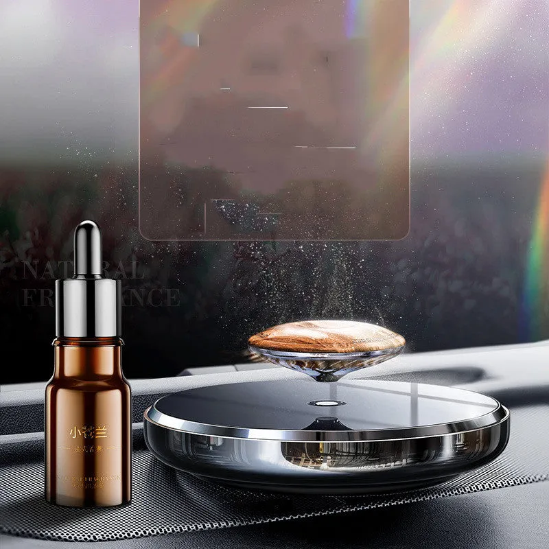 Maglev solar car aromatherapy holder on dashboard with beech wood platform and fragrance oil options