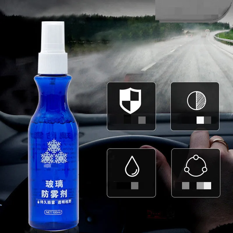 Blue 100 ml bottle of windshield liquid-spray anti-fog agent for car glass rain and mist removal