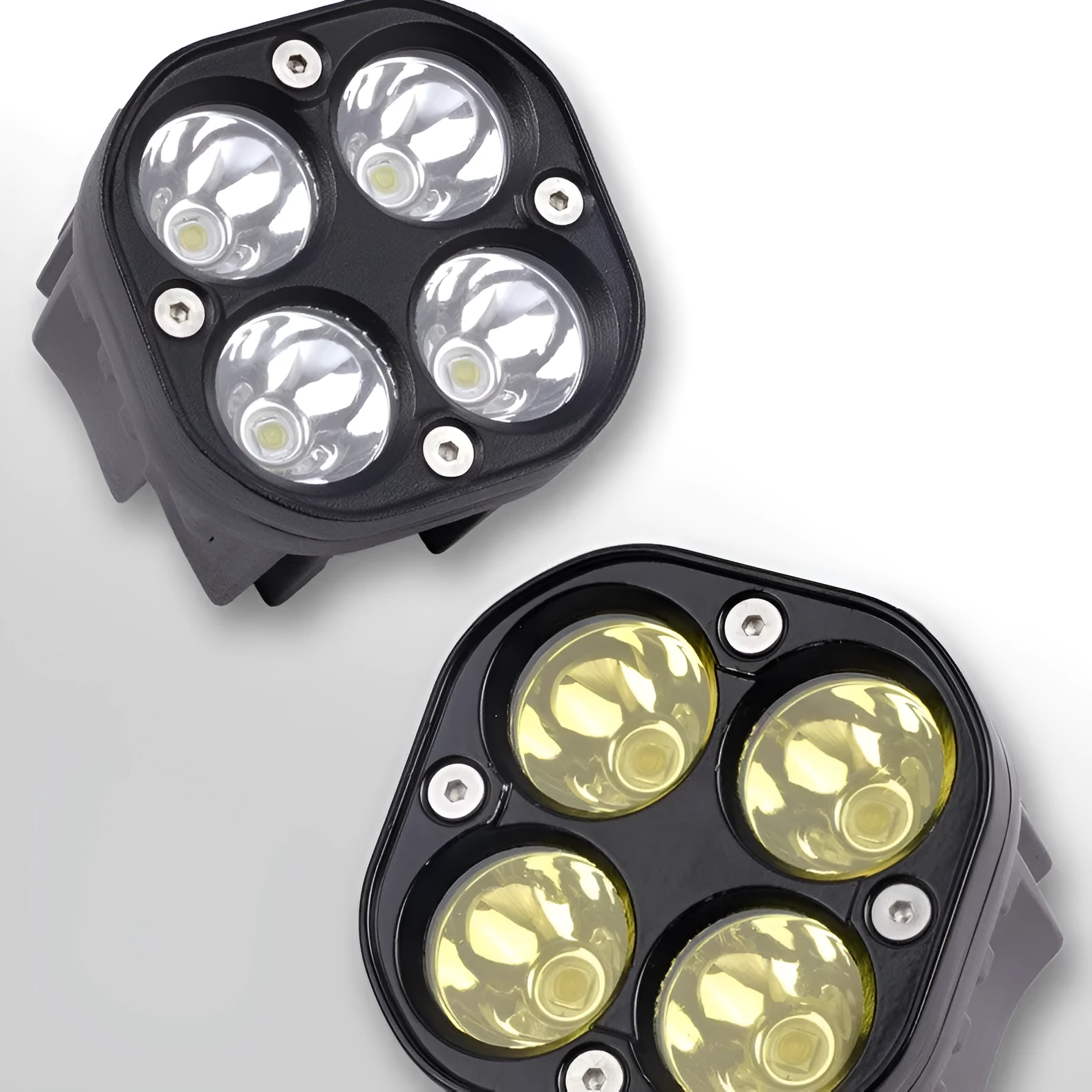 Four-eye vehicle spotlight with aluminium base plate showing white and yellow light options