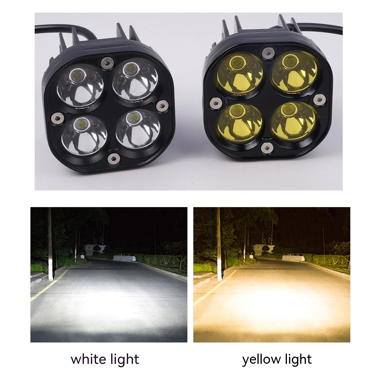 Four-eye vehicle spotlight with aluminium base plate showing white and yellow light options