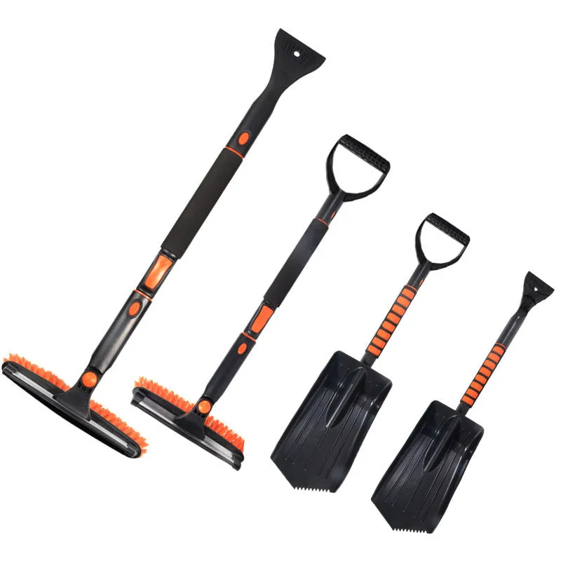Car snow plough shovel set with plastic shovel, brush, telescopic rod, and frost scraper on a snowy car windscreen
