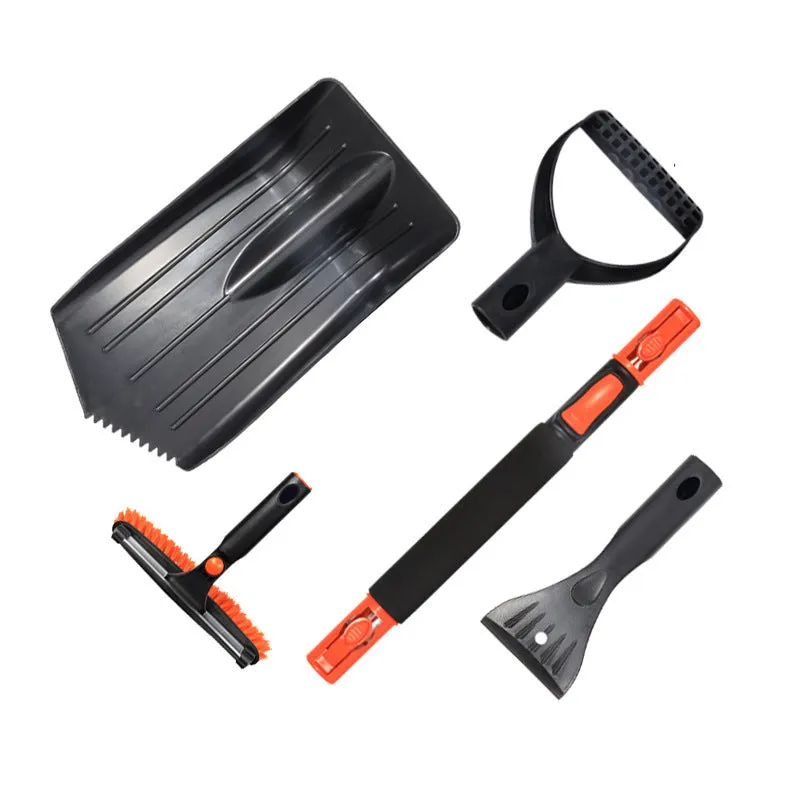 Car snow plough shovel set with plastic shovel, brush, telescopic rod, and frost scraper on a snowy car windscreen
