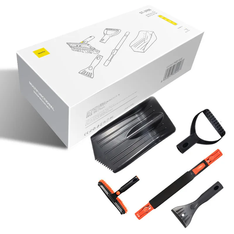 Car snow plough shovel set with plastic shovel, brush, telescopic rod, and frost scraper on a snowy car windscreen