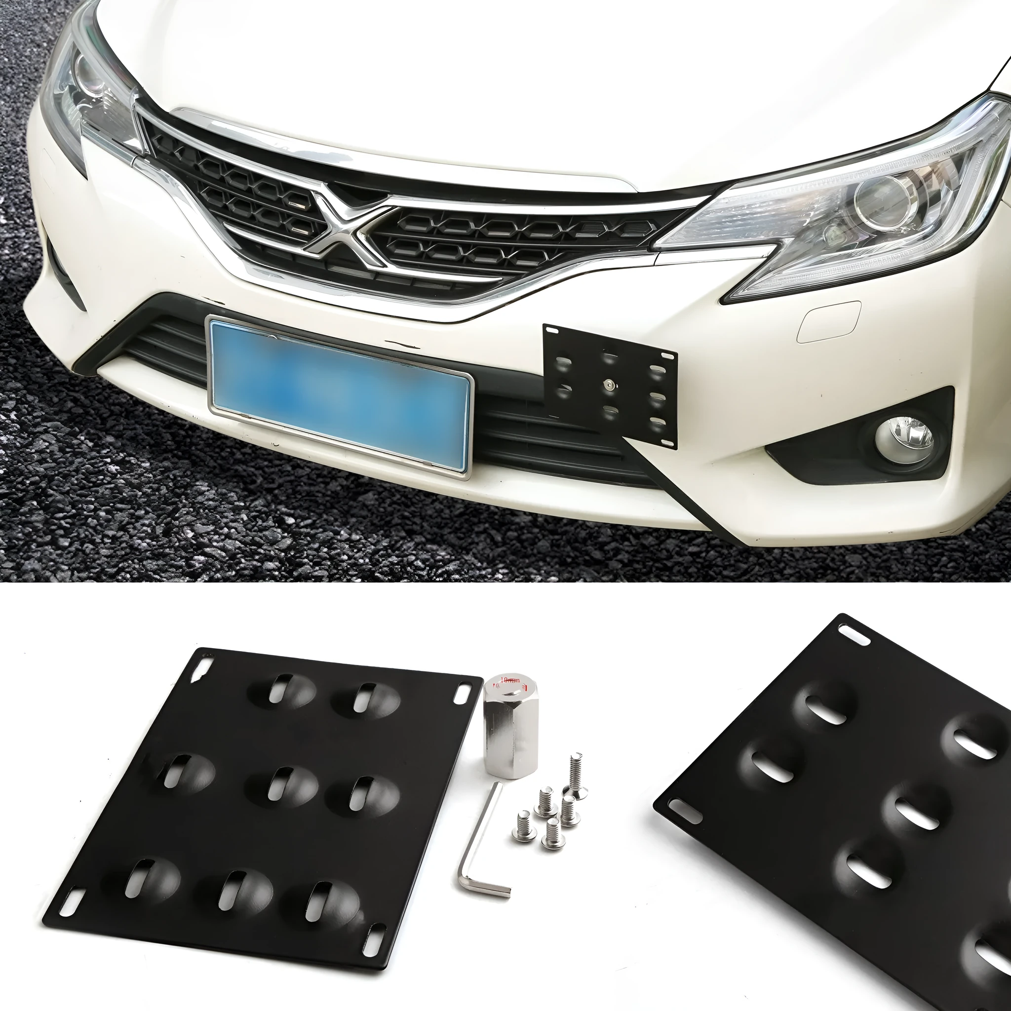 American license plate frame with integrated trailer hook for car modification, 21x10 cm metal construction