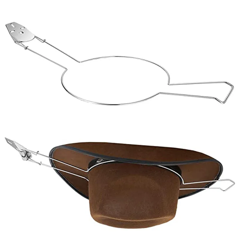 Brown chrome-plated metal free-standing hat and coat rack.