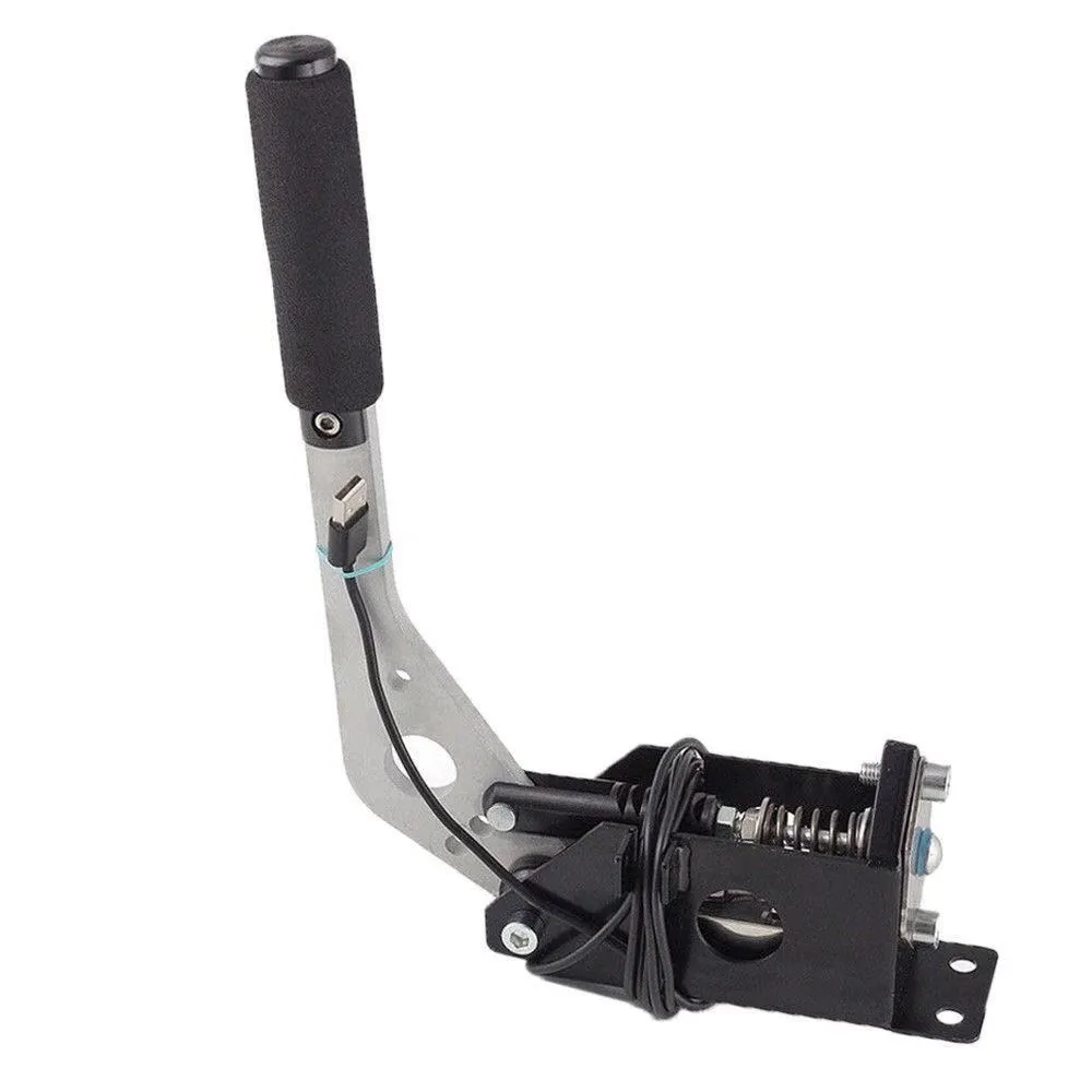 USB sim handbrake with red finish, Hall sensor, CNC aluminium body, and stainless steel mounting fixture