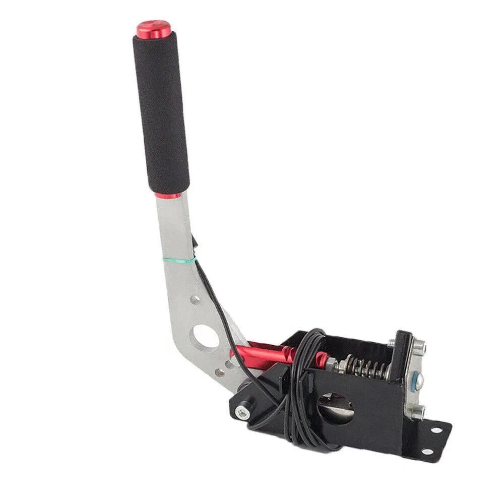 USB sim handbrake with red finish, Hall sensor, CNC aluminium body, and stainless steel mounting fixture