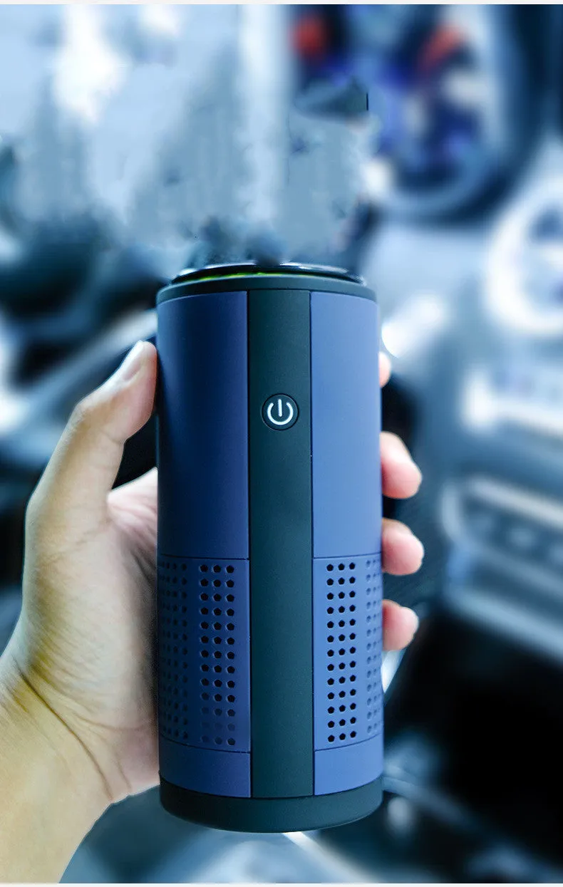White negative ion vehicle air purifier with composite filter on car dashboard, USB and car power supply