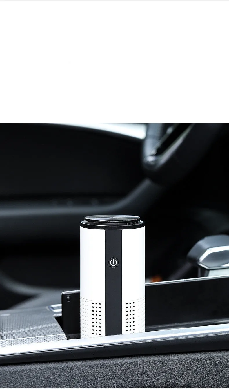 White negative ion vehicle air purifier with composite filter on car dashboard, USB and car power supply