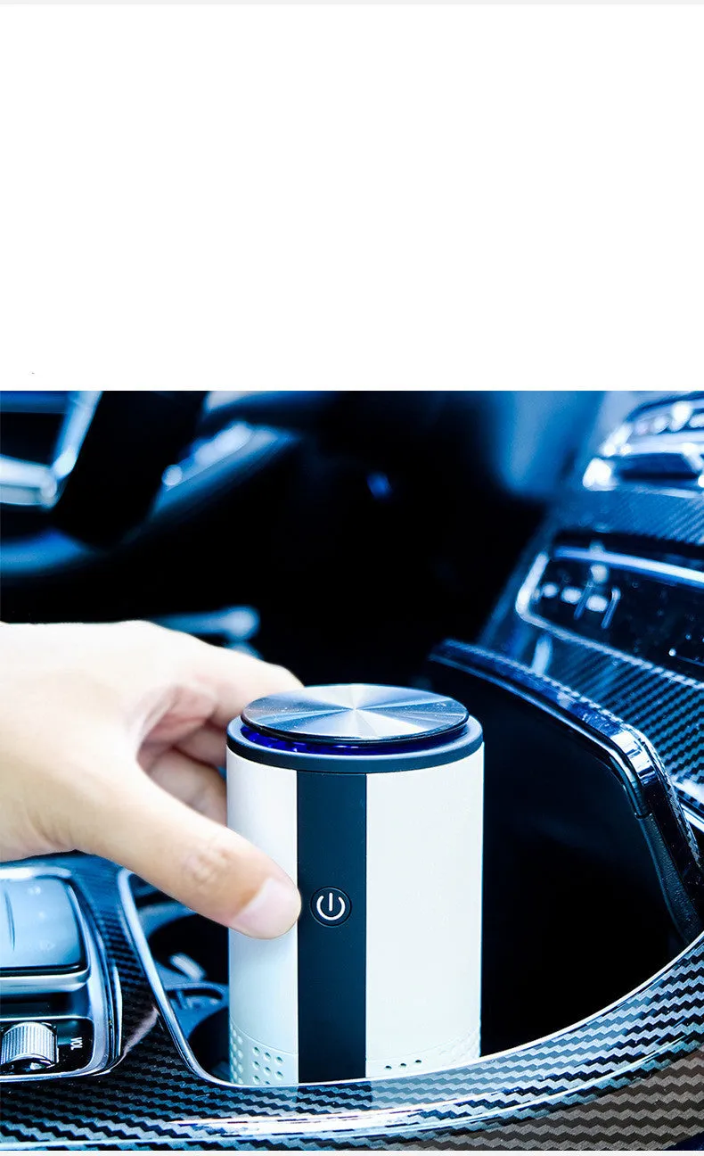 White negative ion vehicle air purifier with composite filter on car dashboard, USB and car power supply
