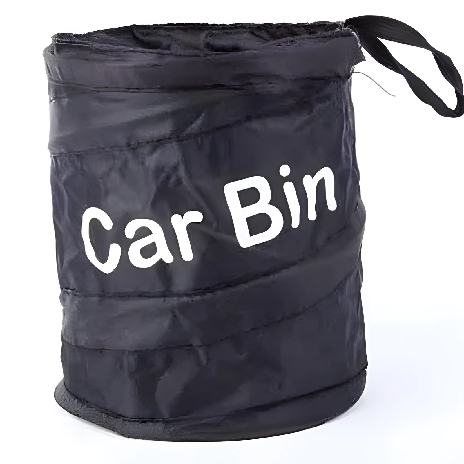 Foldable black polyester car bin bag with hanging strap and magic sticker on a car seat