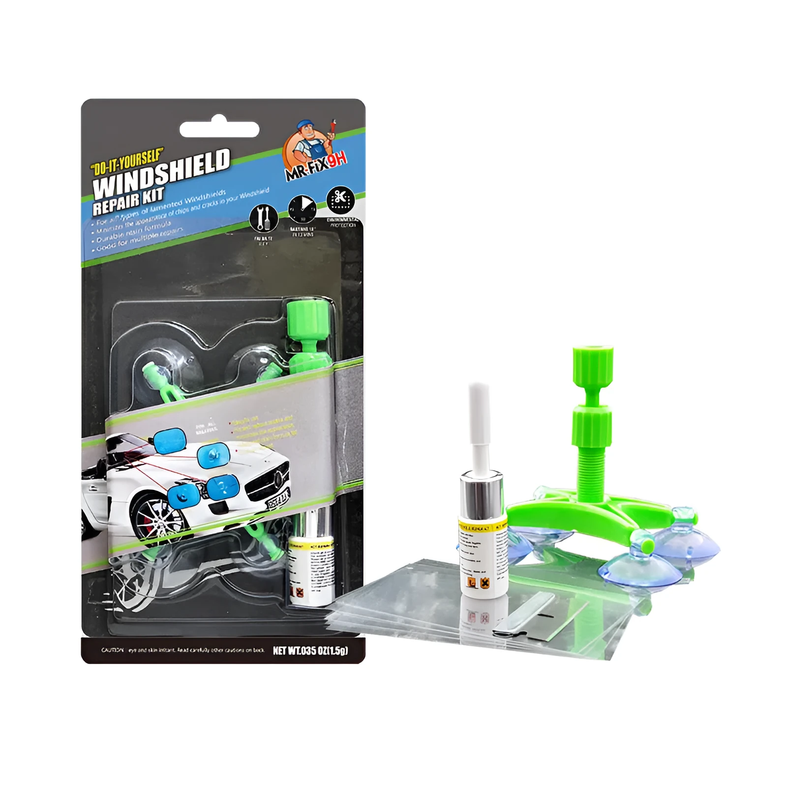 Windshield repair fluid kit with green resin, repair device, curing strips, and sleeved razor blade on a car windscreen