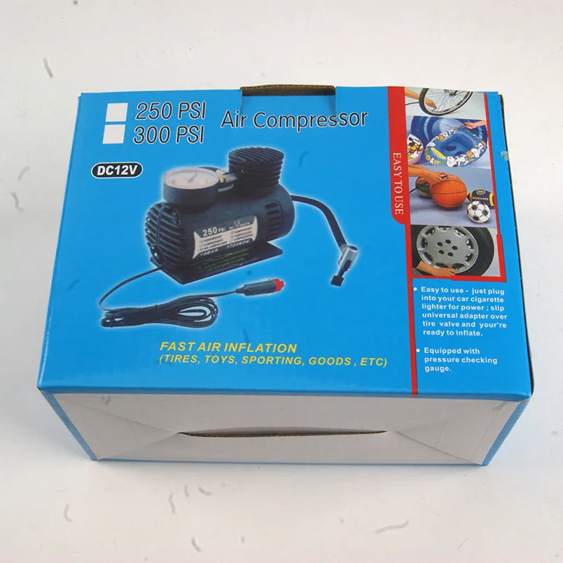 Black plastic 12V electric air pump with cigarette lighter plug and inflatable tube for car tyres