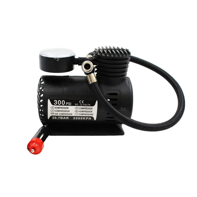 Black plastic 12V electric air pump with cigarette lighter plug and inflatable tube for car tyres